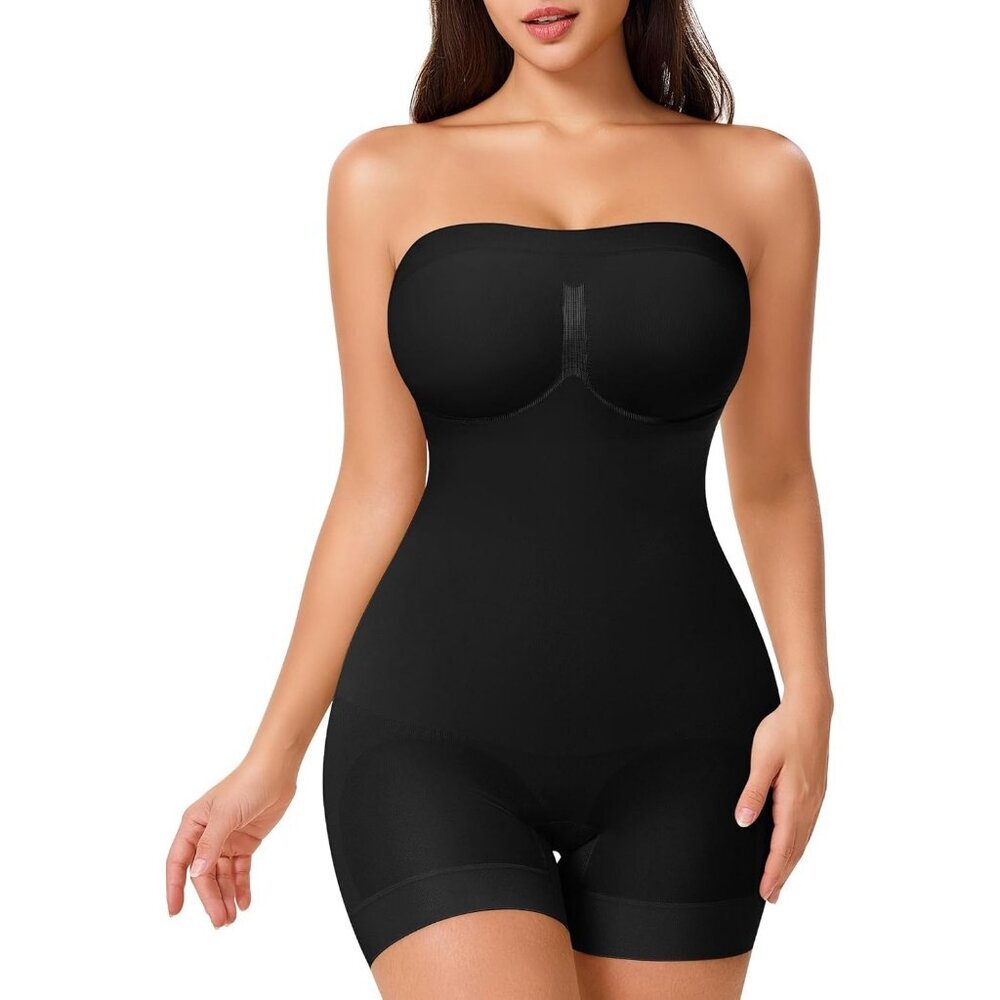 Women's Removable Strapless Bodysuit Tummy Control Black Seamless Shapewear